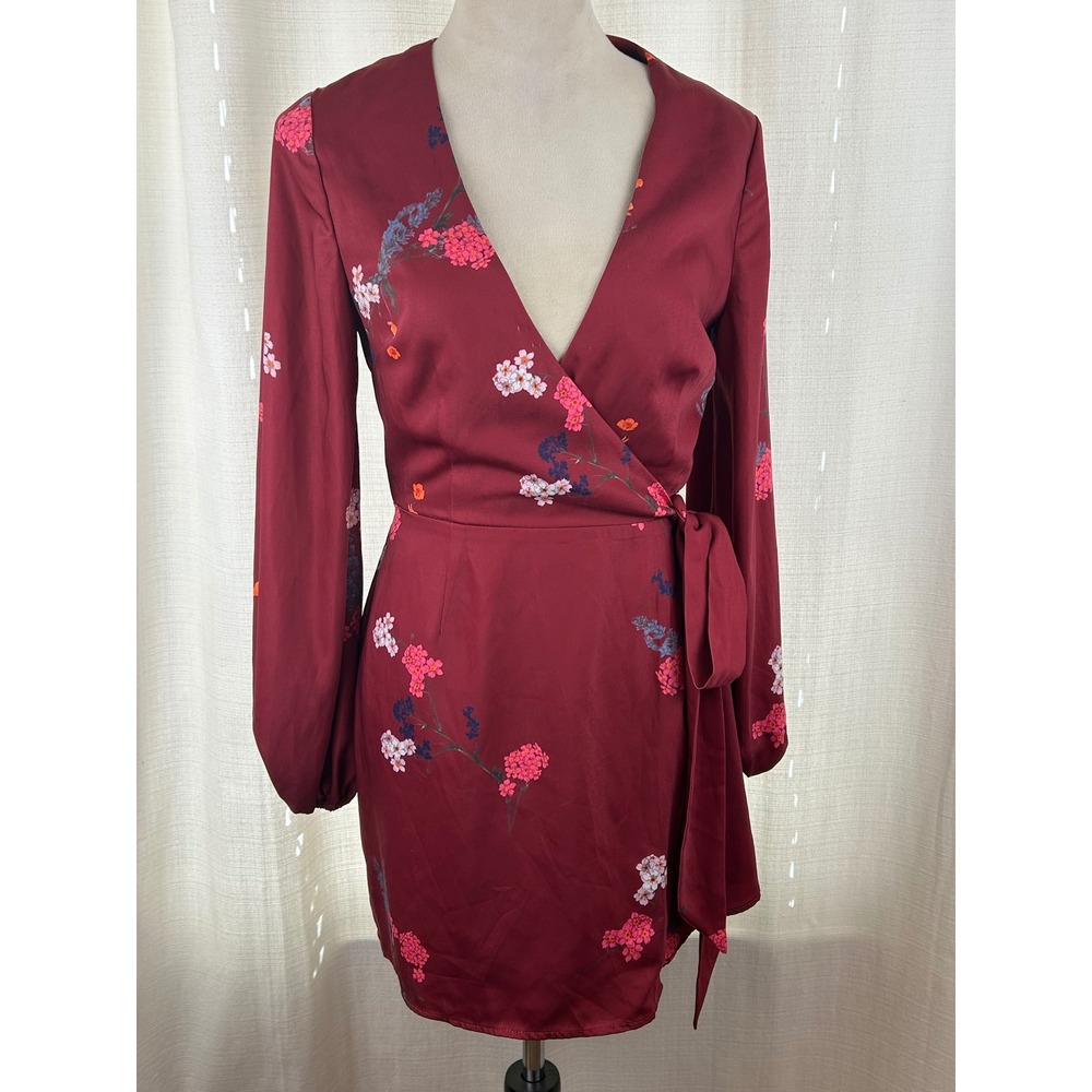 Keepsake Burgundy Floral Long Sleeve Wrap Dress Balloon Sleeves Women XS